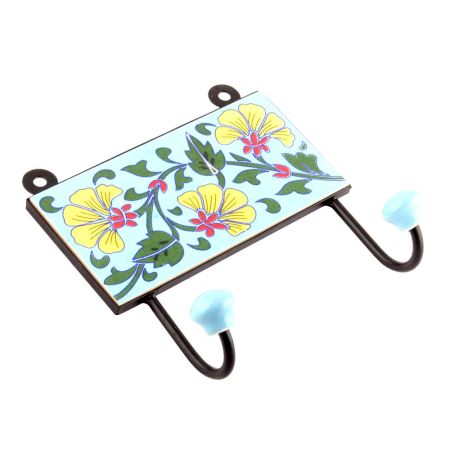 Turquoise And Forest Green Leaf Ceramic Floral Tiles Hooks